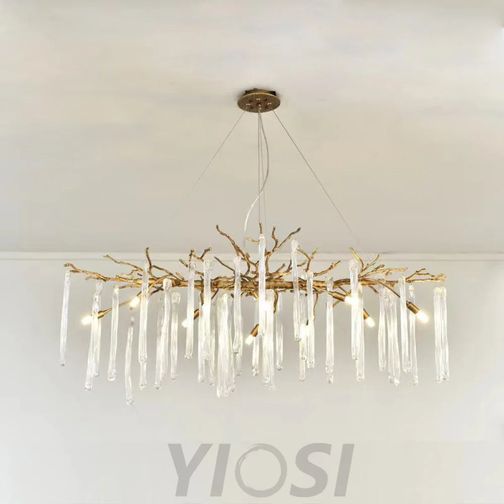 Fleur Modern Round Gold Clear Crystal Tube Branch Chandelier For Living Room