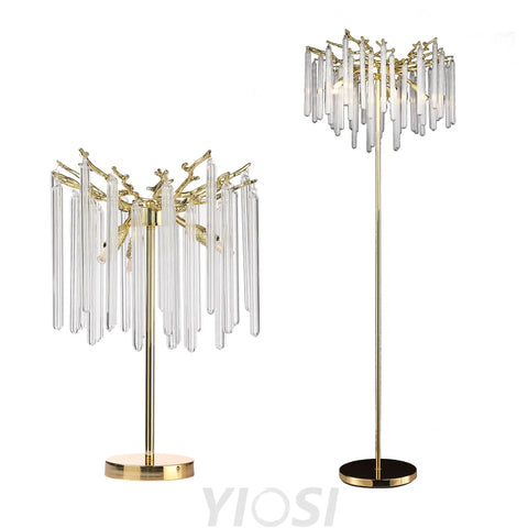 Fleur Modern Round Gold Clear Crystal Tube Table Lamp Besides Bed