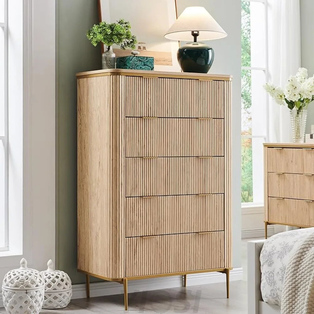 T4TREAM Fluted 5-Drawer Dresser: Modern Wood Storage Organizer