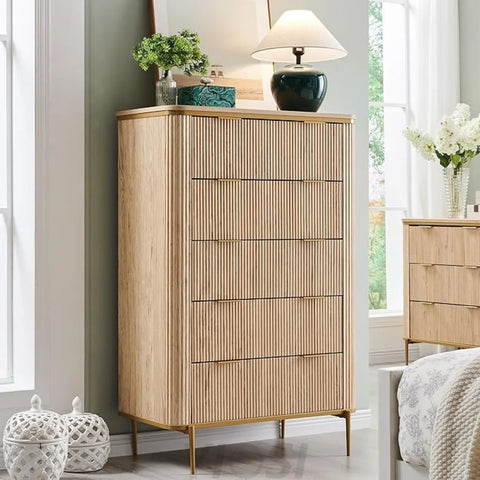T4TREAM Fluted 5-Drawer Dresser: Modern Wood Storage Organizer