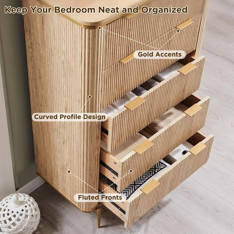 T4TREAM Fluted 5-Drawer Dresser: Modern Wood Storage Organizer