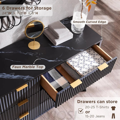 T4TREAM Fluted 6-Drawer Dresser, Dark Grey - Bedroom Organizer
