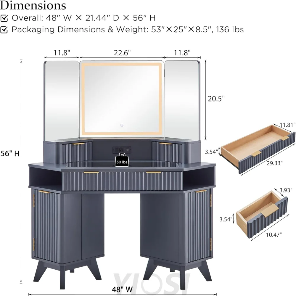 Fluted Makeup Vanity Desk with 3-Way Mirror and Lights