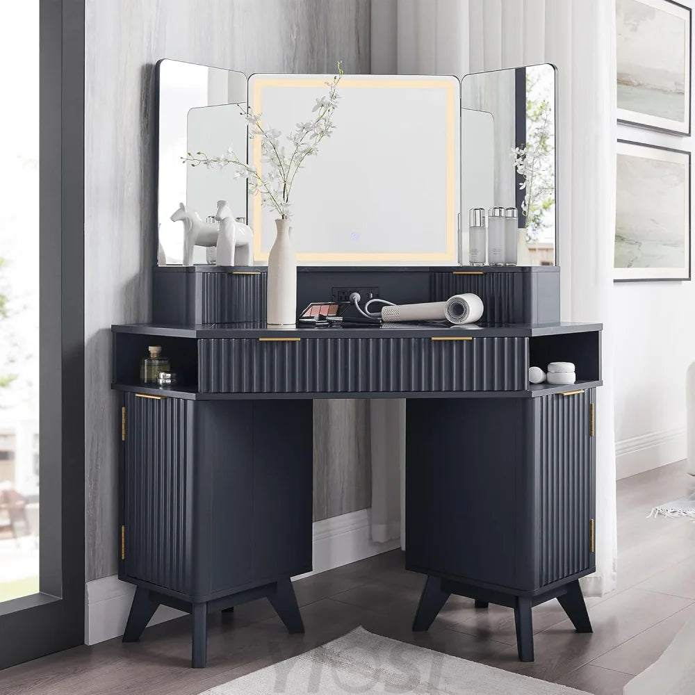 Fluted Makeup Vanity Desk with 3-Way Mirror and Lights