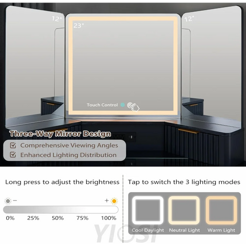 Fluted Makeup Vanity Desk with 3-Way Mirror and Lights