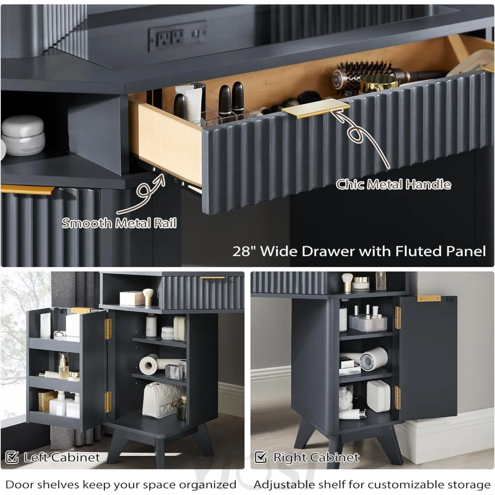 Fluted Makeup Vanity Desk with 3-Way Mirror and Lights