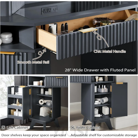Fluted Makeup Vanity Desk with 3-Way Mirror and Lights