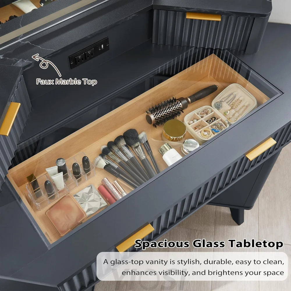 Fluted Makeup Vanity Desk with 3-Way Mirror and Lights