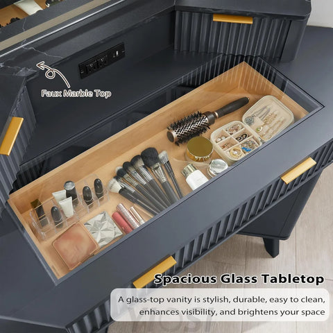 Fluted Makeup Vanity Desk with 3-Way Mirror and Lights
