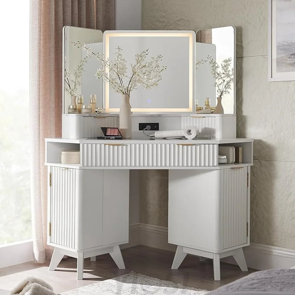 Fluted Makeup Vanity Desk with 3-Way Mirror and Lights Solid White