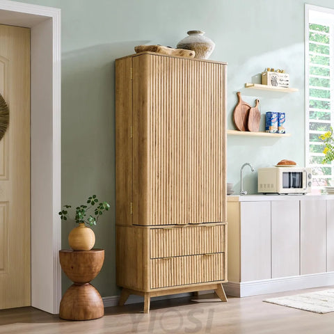 OKD Fluted Natural Oak Pantry Cabinet, 72" Kitchen Hutch