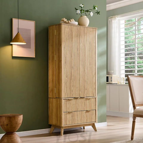OKD Fluted Natural Oak Pantry Cabinet, 72" Kitchen Hutch