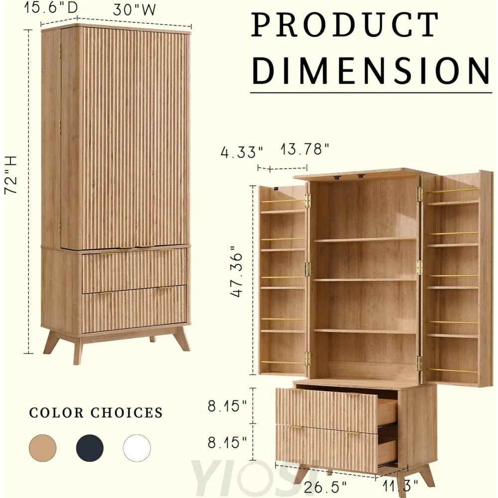 OKD Fluted Natural Oak Pantry Cabinet, 72" Kitchen Hutch