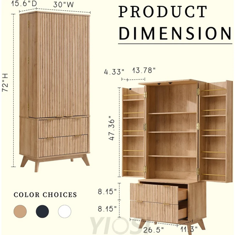 OKD Fluted Natural Oak Pantry Cabinet, 72" Kitchen Hutch