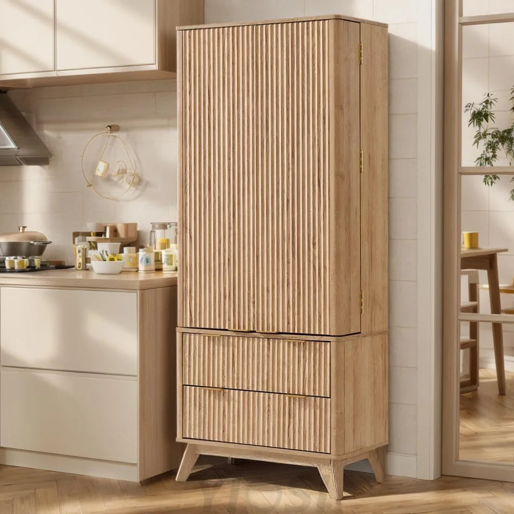 OKD Fluted Natural Oak Pantry Cabinet, 72" Kitchen Hutch