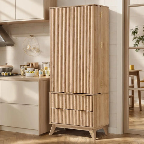 OKD Fluted Natural Oak Pantry Cabinet, 72" Kitchen Hutch