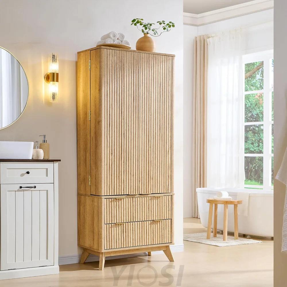 OKD Fluted Natural Oak Pantry Cabinet, 72" Kitchen Hutch