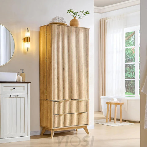 OKD Fluted Natural Oak Pantry Cabinet, 72" Kitchen Hutch