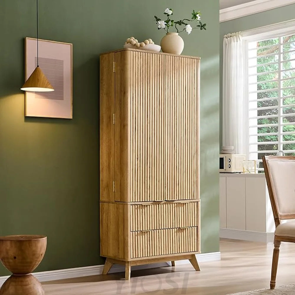 OKD Fluted Natural Oak Pantry Cabinet, 72" Kitchen Hutch