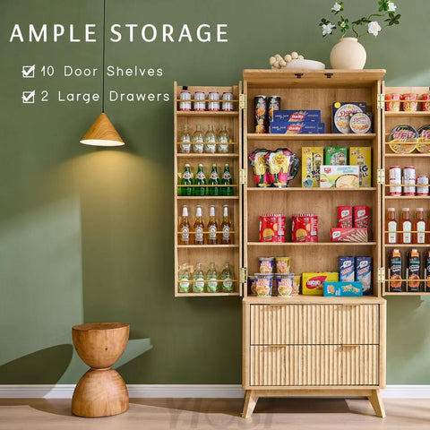 OKD Fluted Natural Oak Pantry Cabinet, 72" Kitchen Hutch