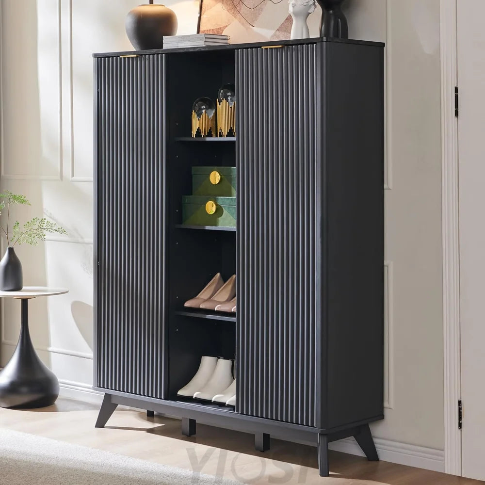 Fluted Shoe Storage Cabinet with Sliding Doors and Adjustable Shelves