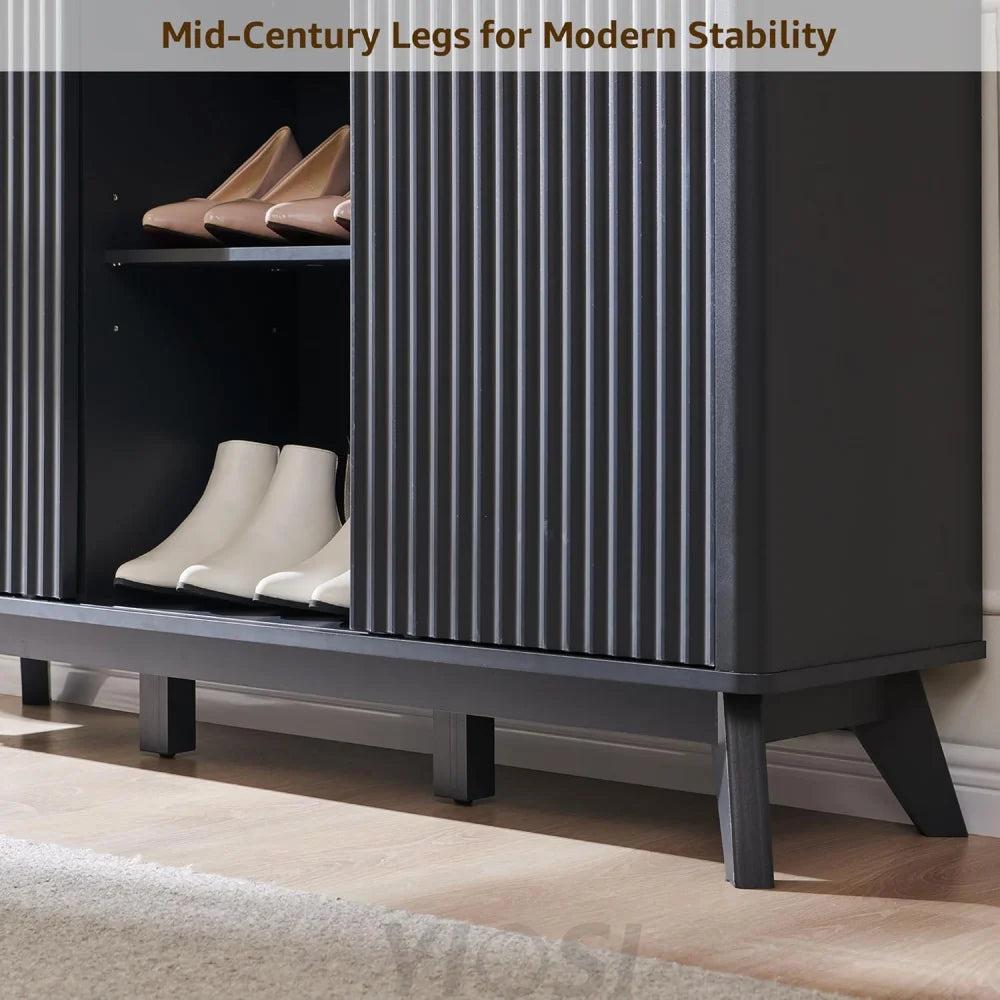 Fluted Shoe Storage Cabinet with Sliding Doors and Adjustable Shelves