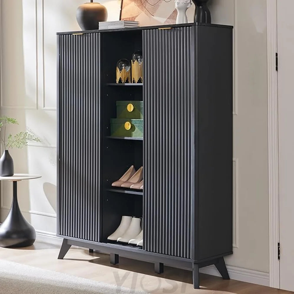 Fluted Shoe Storage Cabinet with Sliding Doors and Adjustable Shelves