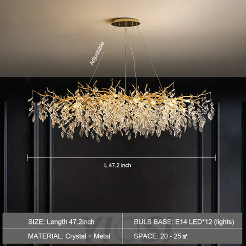 Modern Crystal Chandelier L63" Gold Chandeliers Linear Rectangular Tree Branch Chandelier Living Dining Room Foyer Large Raindrop Chandelier Ceiling Light Fixture