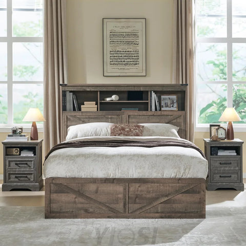 Full Size Farmhouse Wood Bed Frame with Storage Headboard & Drawers