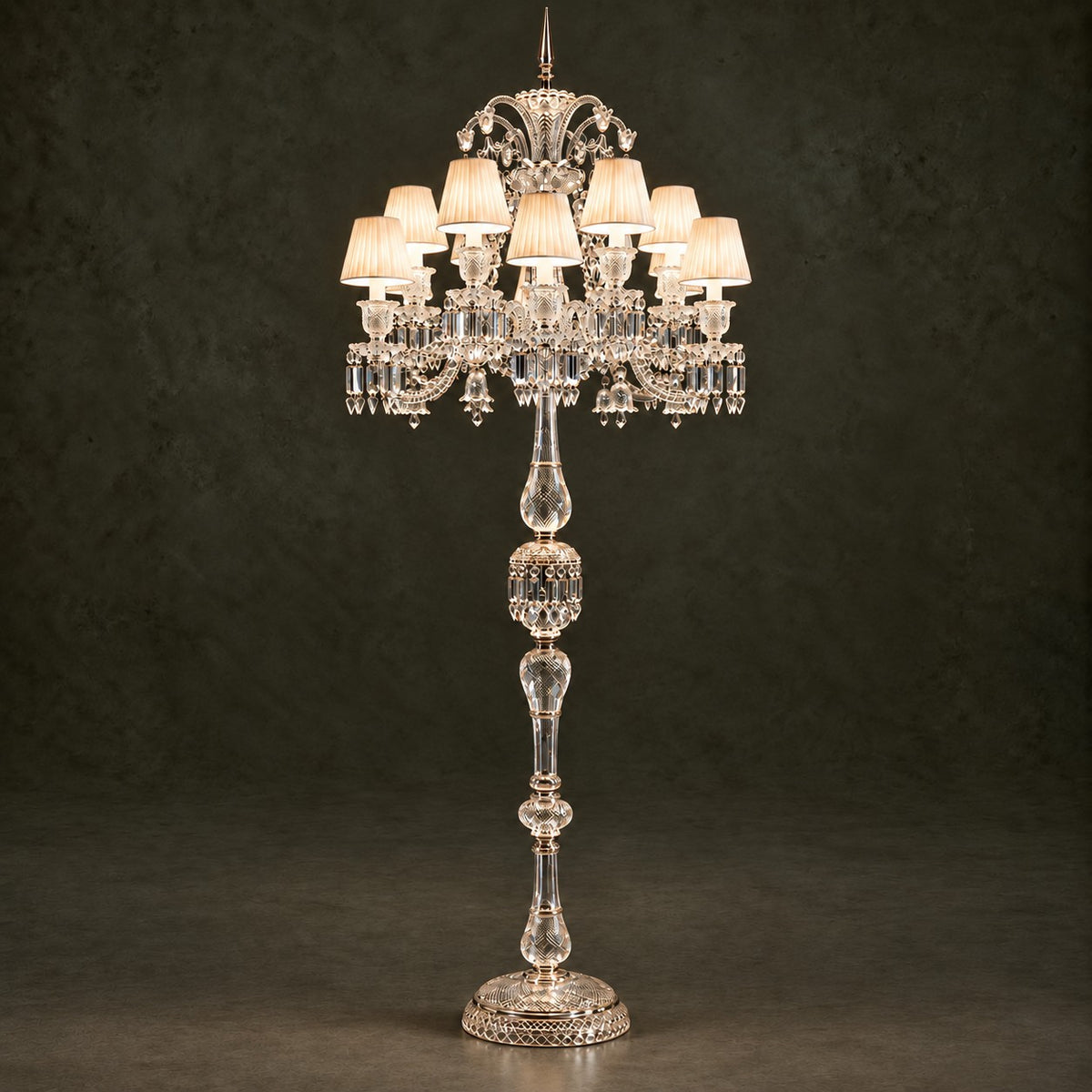 Galerno Cream Pleated Crystal 12-Light Floor Lamp 87.4" on a dark olive wall