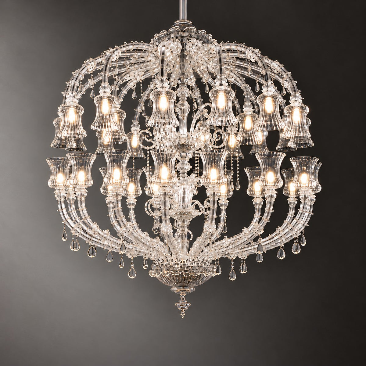 Ghirlane Clear Tiered Glass 48-Light Chandelier 78.7" on a dark olive wall