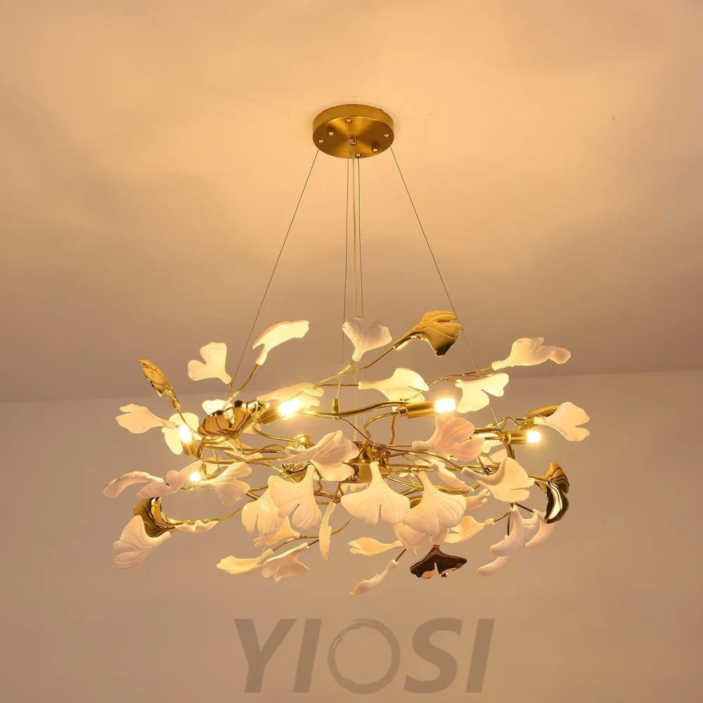 Gingko Chandelier Style P - Gingko, Gingko Chandelier, Gold & White-1-Yiosilamp