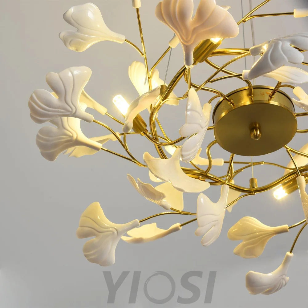 Gingko Chandelier Style P - Gingko, Gingko Chandelier, Gold & White-1-Yiosilamp