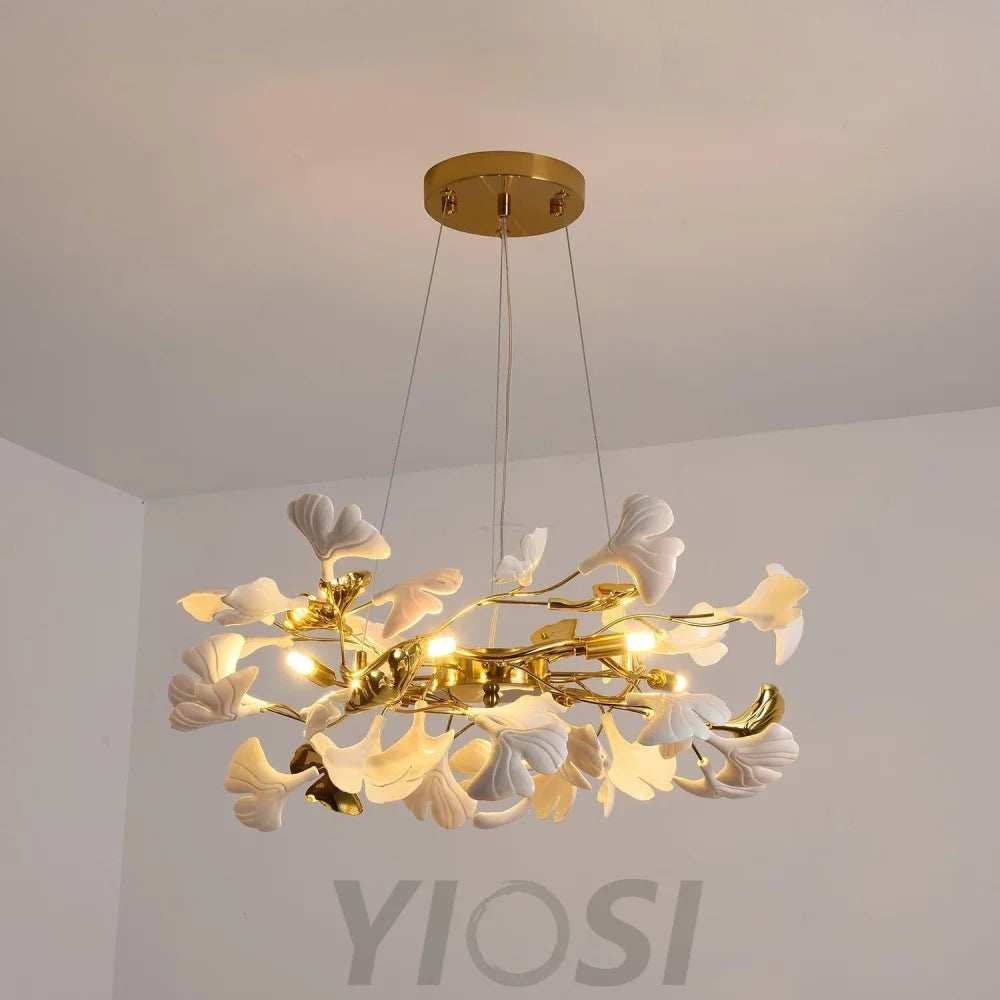 Gingko Chandelier Style P - Gingko, Gingko Chandelier, Gold & White-1-Yiosilamp