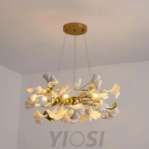 Gingko Chandelier Style P - Gingko, Gingko Chandelier, Gold & White-1-Yiosilamp
