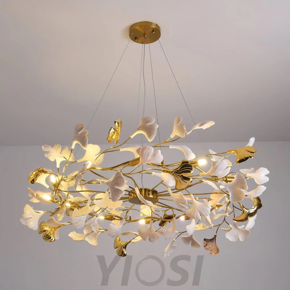 Gingko Chandelier Style P - Gingko, Gingko Chandelier, Gold & White-1-Yiosilamp
