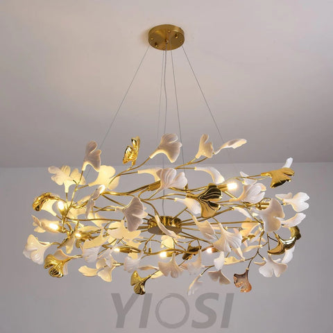 Gingko Chandelier Style P - Gingko, Gingko Chandelier, Gold & White-1-Yiosilamp