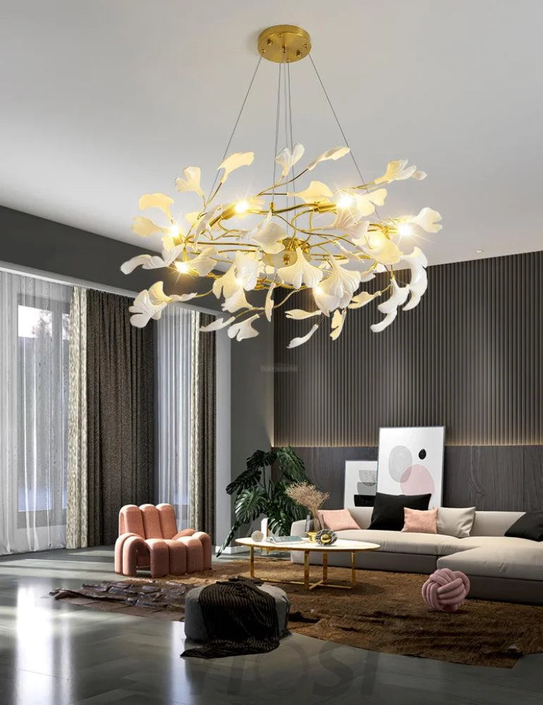 Gingko Chandelier Style P - Gingko, Gingko Chandelier, Gold & White-1-Yiosilamp