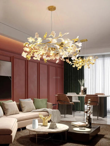 Gingko Chandelier Style P - Gingko, Gingko Chandelier, Gold & White-1-Yiosilamp