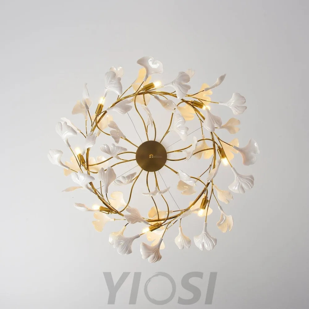 Gingko Chandelier Style P - Gingko, Gingko Chandelier, Gold & White-1-Yiosilamp