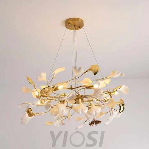Gingko Chandelier Style P - Gingko, Gingko Chandelier, Gold & White-1-Yiosilamp