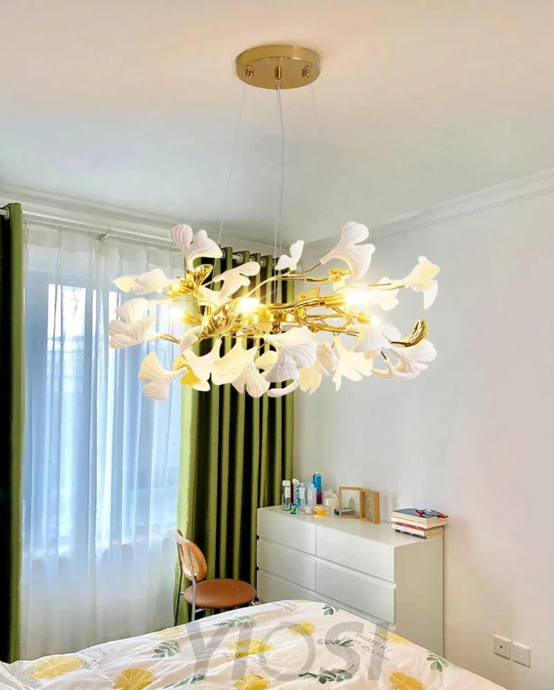 Gingko Chandelier Style P - Gingko, Gingko Chandelier, Gold & White-1-Yiosilamp