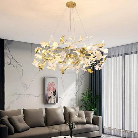 Gingko Chandelier Style P - Gingko, Gingko Chandelier, Gold & White-1-Yiosilamp