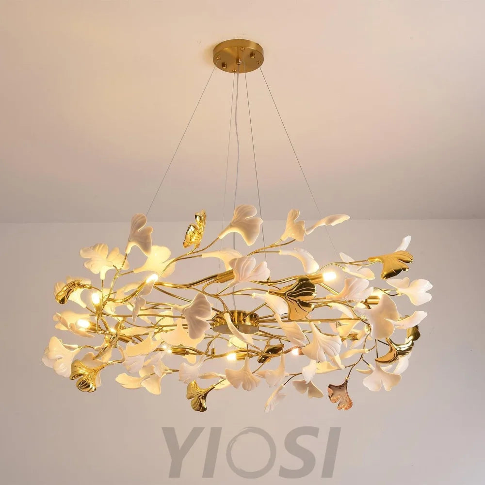 Gingko Chandelier Style P - Gingko, Gingko Chandelier, Gold & White-1-Yiosilamp