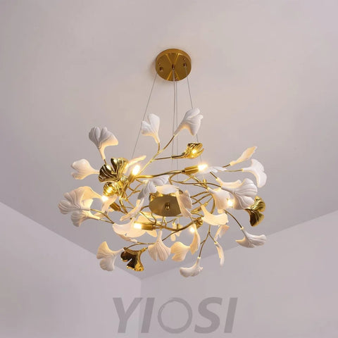 Gingko Chandelier Style P - Gingko, Gingko Chandelier, Gold & White-1-Yiosilamp