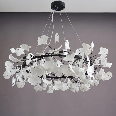 Gingko Leaf Ceramic Porcelain Round Chandelier D 23.6″ X H 11.8″ / Black Branch