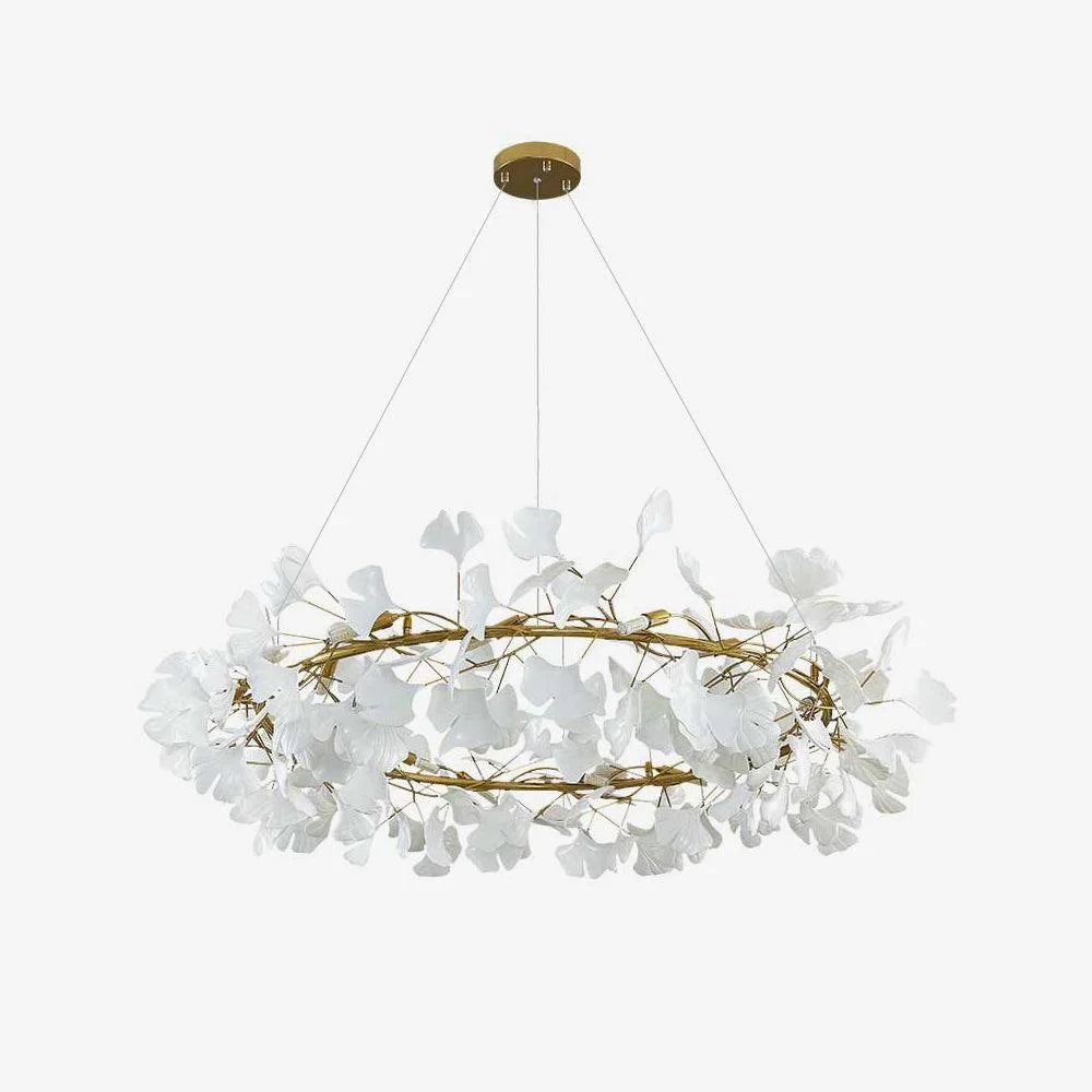 Gingko Leaf Ceramic Porcelain Round Chandelier D 23.6″ X H 11.8″ / Gold Branch