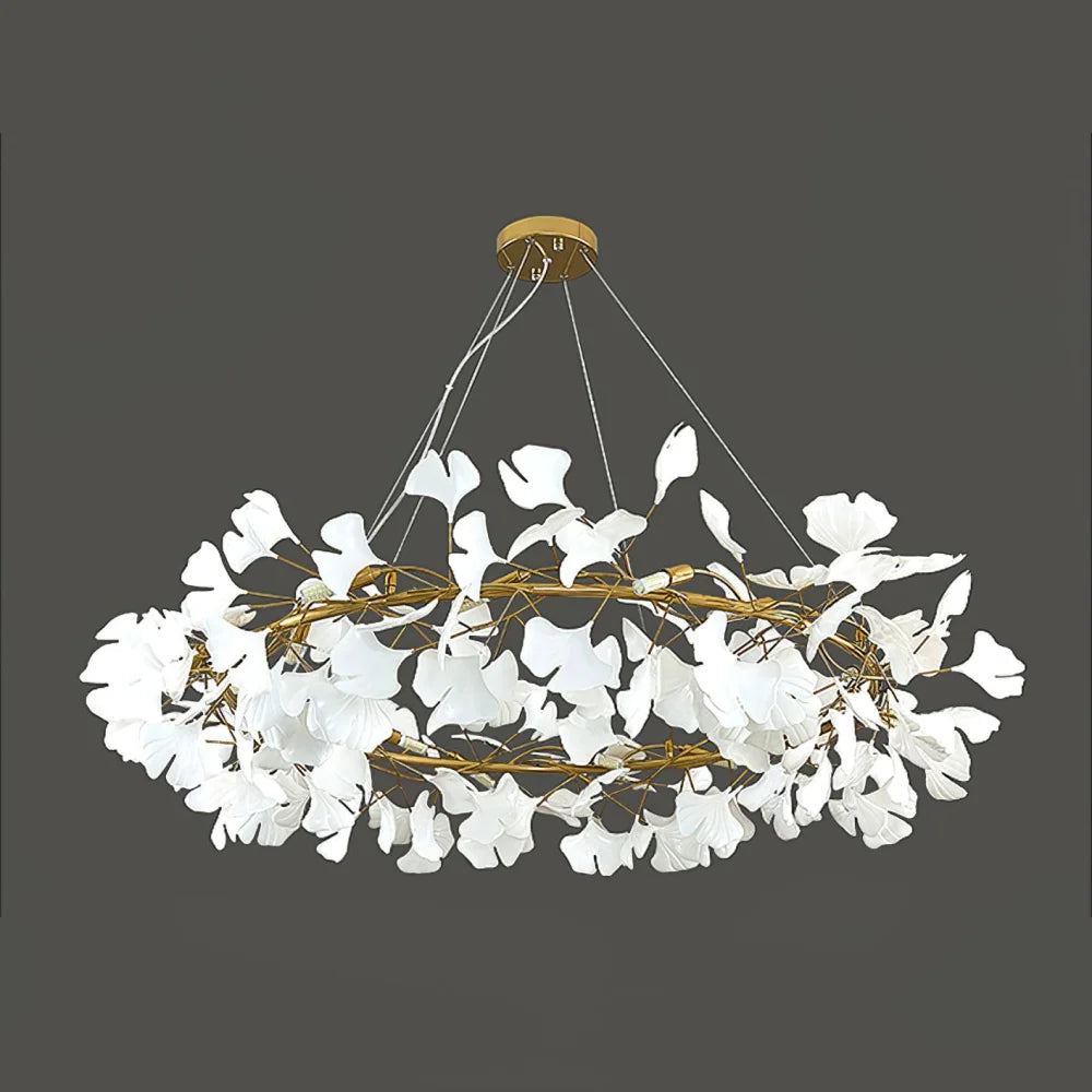 Gingko Leaf Ceramic Porcelain Round Chandelier D 31.5″ X H 11.8″ / Gold Branch