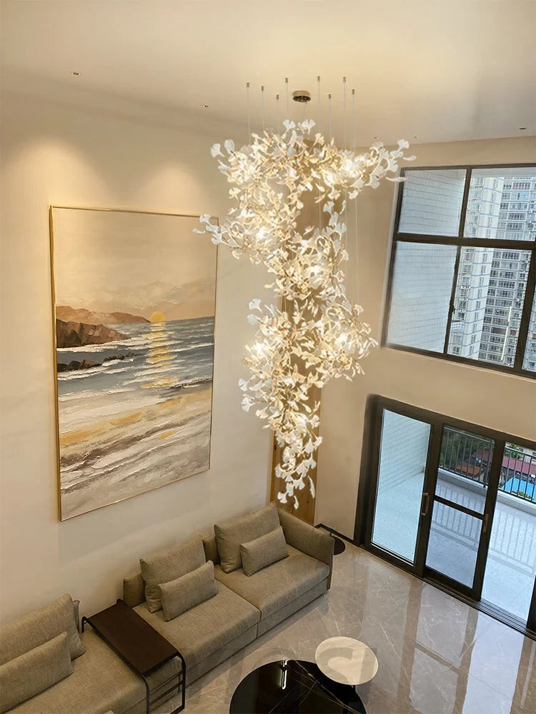 Porcelainous Leaves Twig Chandelier Tree Branch Shaped Pendant Light For High Ceiling Living Room Hotel Hall