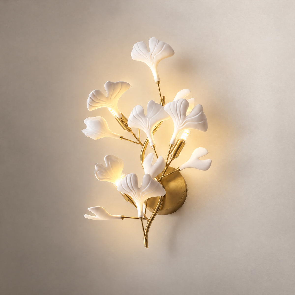 Modern Wall Sconce Organic Modern White Ceramic Ginkgo Leaf Nickel for Bedroom – lights on
